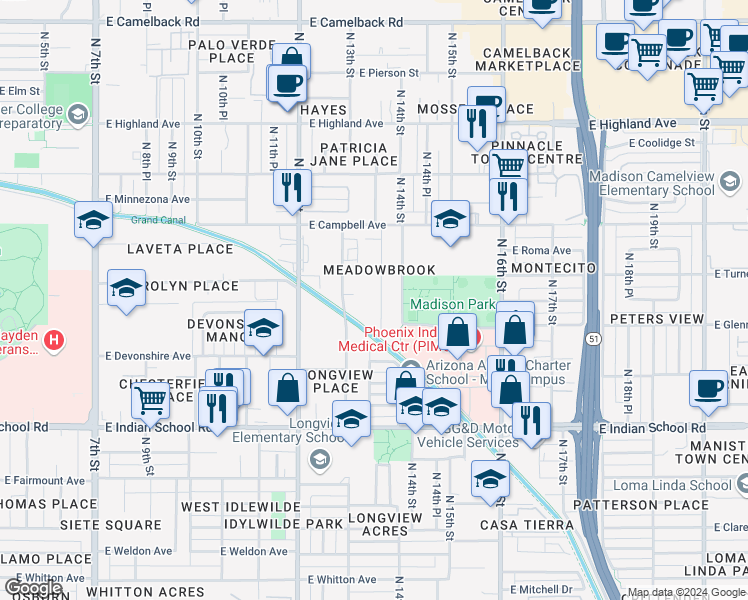map of restaurants, bars, coffee shops, grocery stores, and more near 4324 North 13th Place in Phoenix