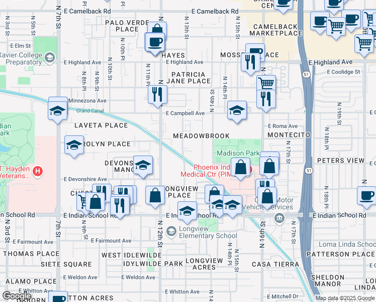 map of restaurants, bars, coffee shops, grocery stores, and more near 4332 North Longview Avenue in Phoenix
