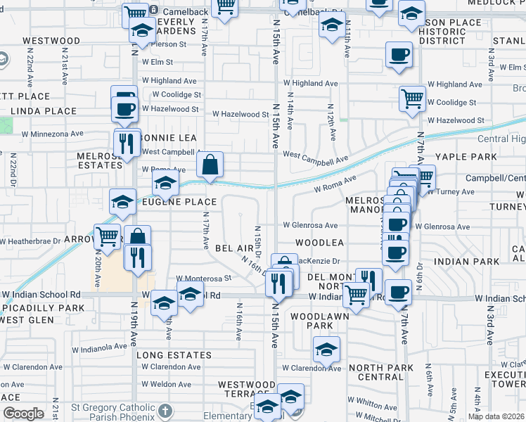 map of restaurants, bars, coffee shops, grocery stores, and more near 4321 North 15th Drive in Phoenix