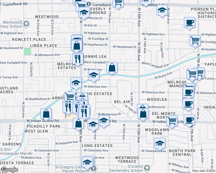 map of restaurants, bars, coffee shops, grocery stores, and more near 1720 West Glenrosa Avenue in Phoenix