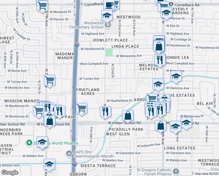 map of restaurants, bars, coffee shops, grocery stores, and more near 4326 North 23rd Avenue in Phoenix