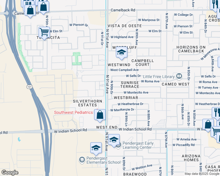map of restaurants, bars, coffee shops, grocery stores, and more near 9030 West Turney Avenue in Phoenix