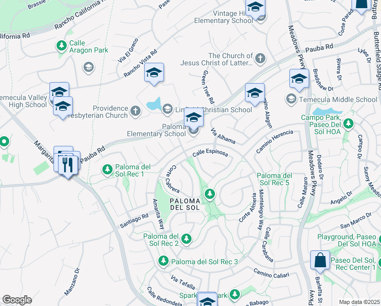 map of restaurants, bars, coffee shops, grocery stores, and more near 31904 Calle Espinosa in Temecula