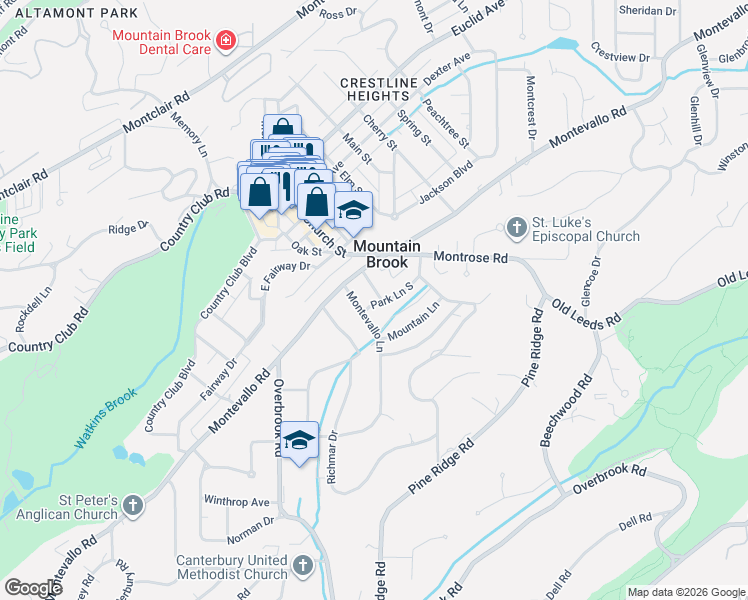 map of restaurants, bars, coffee shops, grocery stores, and more near 11 Montevallo Terrace in Birmingham