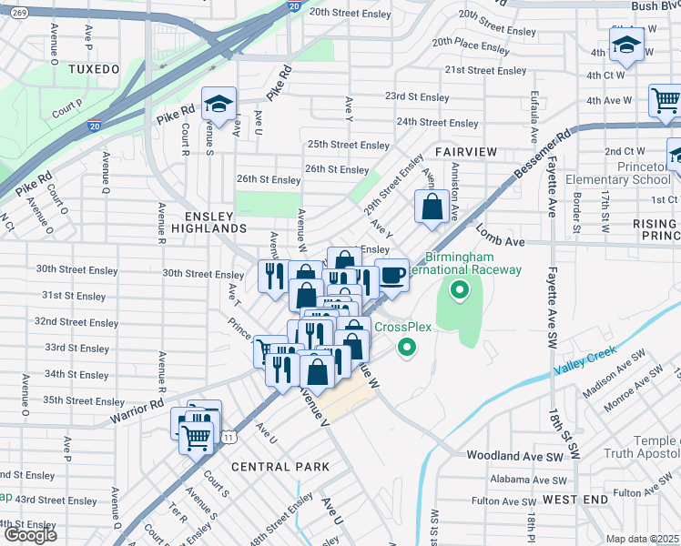 map of restaurants, bars, coffee shops, grocery stores, and more near 2321 30th Street Ensley in Birmingham