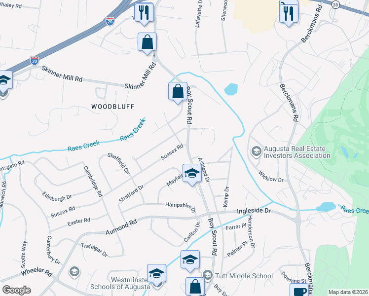 map of restaurants, bars, coffee shops, grocery stores, and more near 344 Boy Scout Road in Augusta
