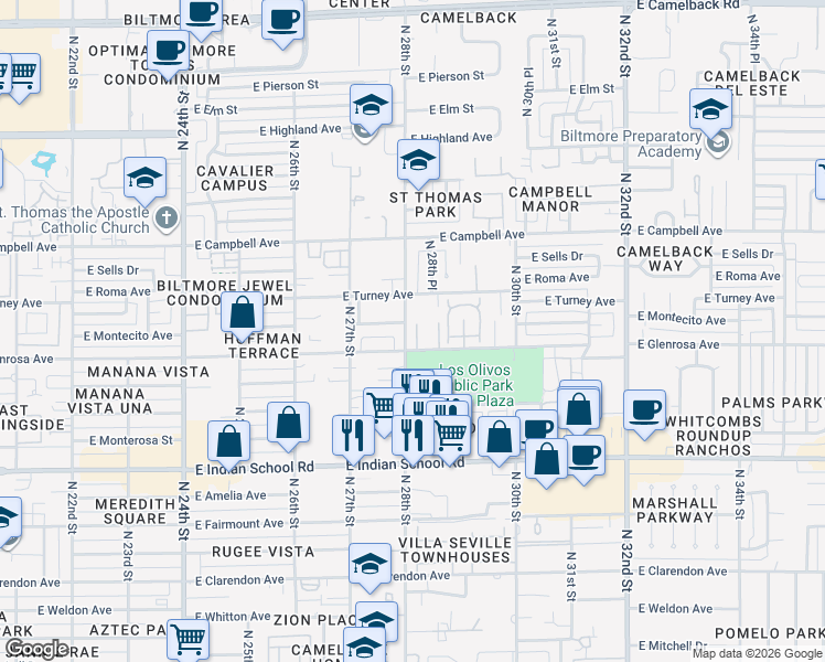 map of restaurants, bars, coffee shops, grocery stores, and more near 4317 North 28th Street in Phoenix