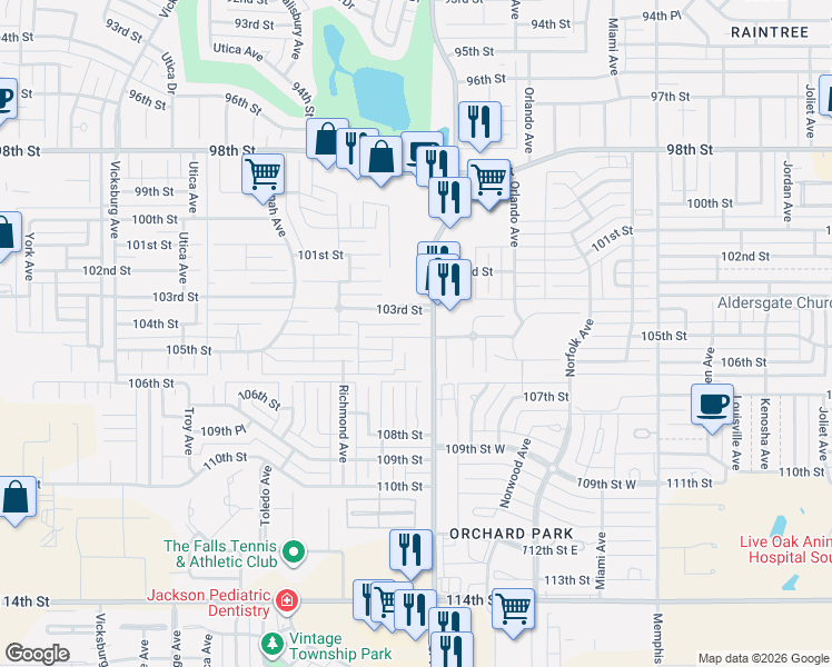map of restaurants, bars, coffee shops, grocery stores, and more near 4404 105th Street in Lubbock