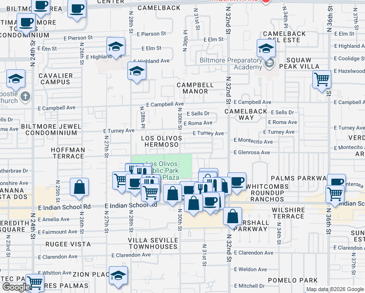 map of restaurants, bars, coffee shops, grocery stores, and more near 3001 East Montecito Avenue in Phoenix