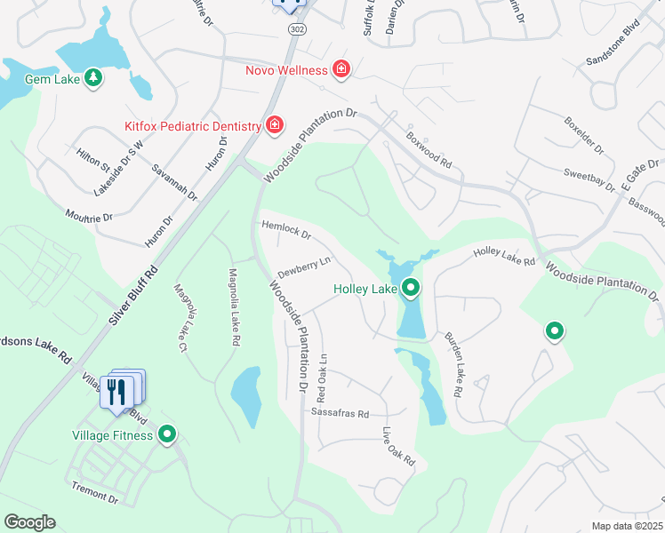 map of restaurants, bars, coffee shops, grocery stores, and more near 201 Hemlock Drive in Aiken