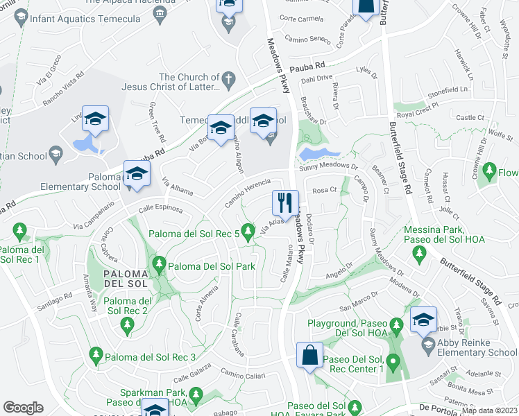 map of restaurants, bars, coffee shops, grocery stores, and more near 32204 Corte Illora in Temecula