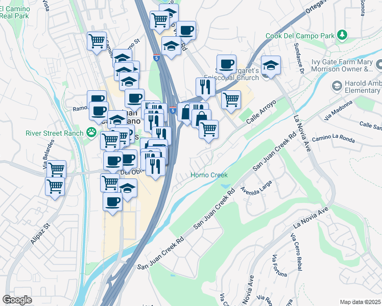 map of restaurants, bars, coffee shops, grocery stores, and more near 27127 Calle Arroyo in San Juan Capistrano