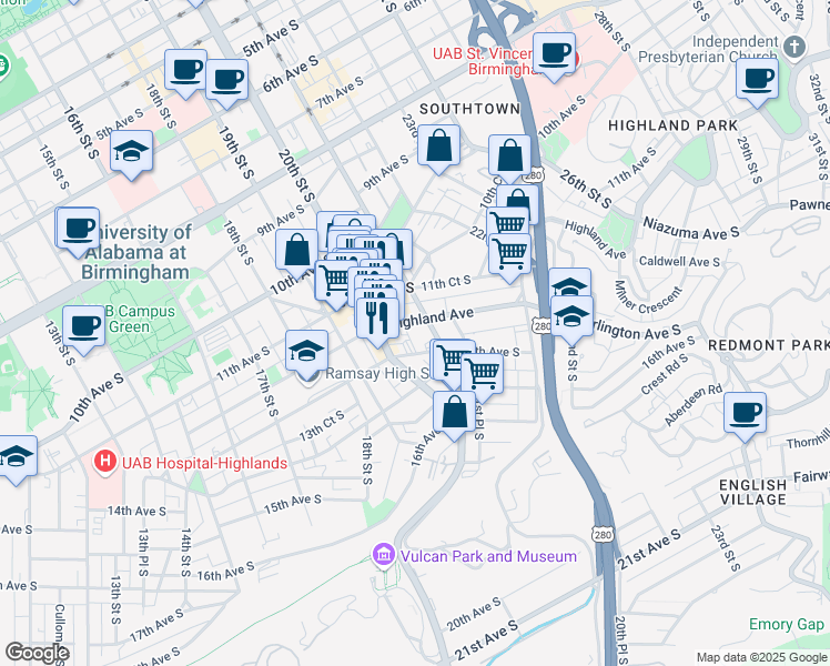map of restaurants, bars, coffee shops, grocery stores, and more near 2035 Highland Avenue in Birmingham
