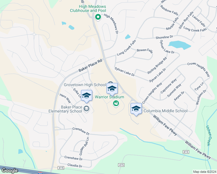 map of restaurants, bars, coffee shops, grocery stores, and more near 2010 Warrior Way in Grovetown