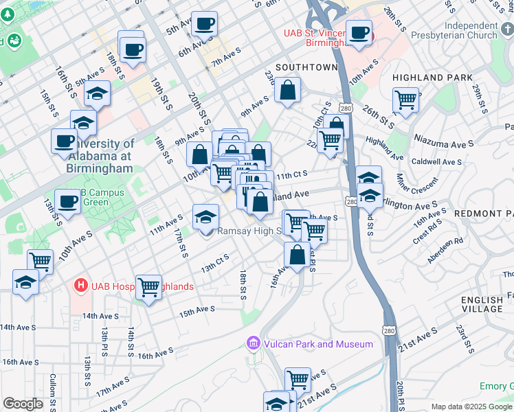 map of restaurants, bars, coffee shops, grocery stores, and more near 1128 20th Street South in Birmingham
