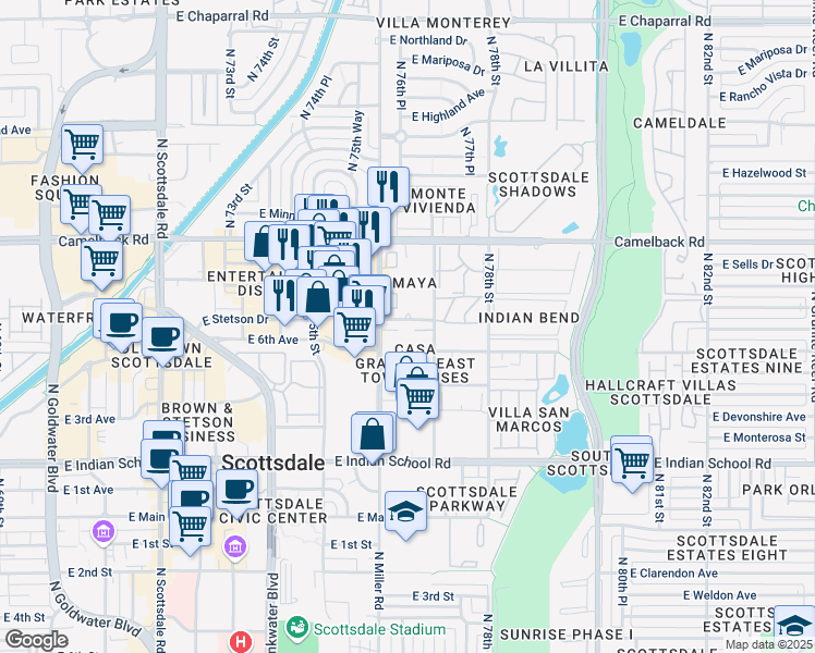 map of restaurants, bars, coffee shops, grocery stores, and more near 7637 East Montecito Avenue in Scottsdale