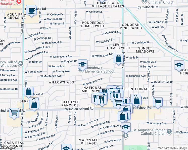 map of restaurants, bars, coffee shops, grocery stores, and more near 7626 W Montecito Ave in Phoenix