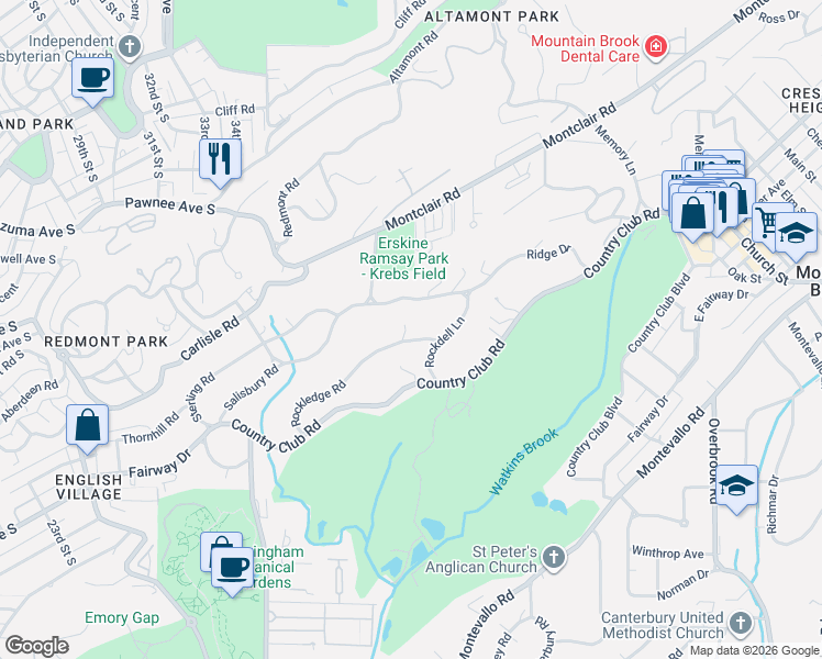 map of restaurants, bars, coffee shops, grocery stores, and more near 6 Rockledge Road in Birmingham