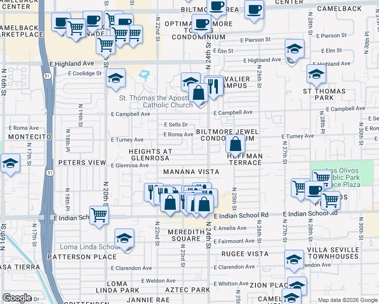 map of restaurants, bars, coffee shops, grocery stores, and more near 2308 East Montecito Avenue in Phoenix