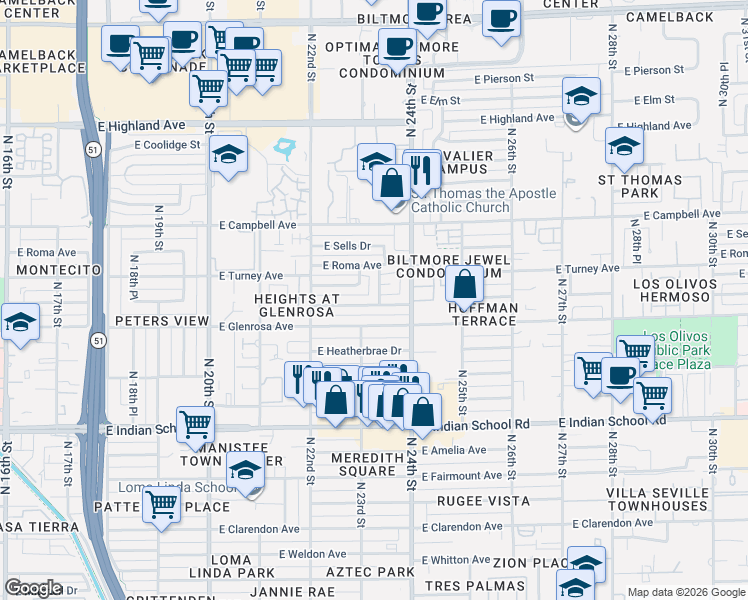 map of restaurants, bars, coffee shops, grocery stores, and more near 2308 East Montecito Avenue in Phoenix