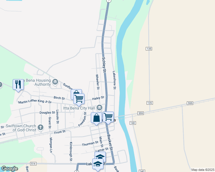 map of restaurants, bars, coffee shops, grocery stores, and more near 414 Schley Street in Itta Bena