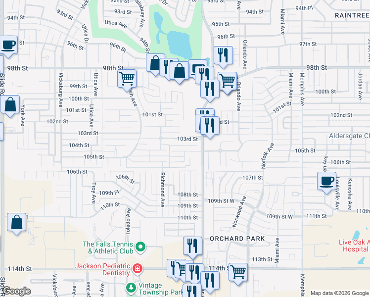 map of restaurants, bars, coffee shops, grocery stores, and more near 4418 105th Street in Lubbock