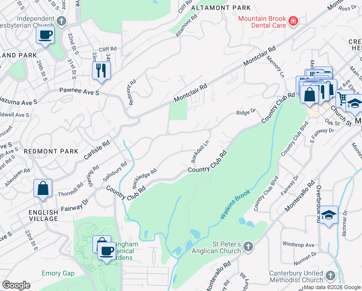 map of restaurants, bars, coffee shops, grocery stores, and more near 6 Rockledge Road in Birmingham