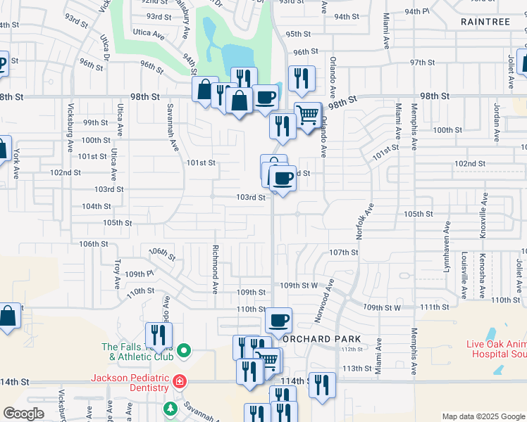 map of restaurants, bars, coffee shops, grocery stores, and more near 4404 105th Street in Lubbock