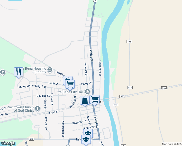 map of restaurants, bars, coffee shops, grocery stores, and more near 414 Schley Street in Itta Bena