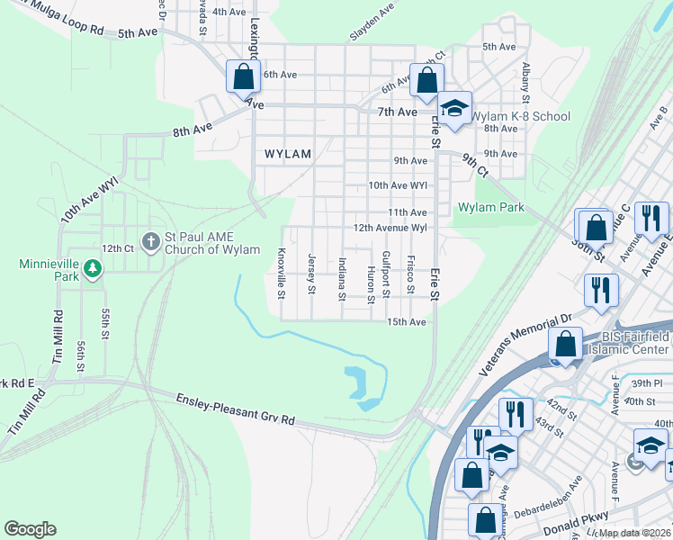 map of restaurants, bars, coffee shops, grocery stores, and more near 1250 Indiana Street in Birmingham