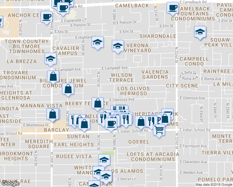 map of restaurants, bars, coffee shops, grocery stores, and more near 4317 North 28th Street in Phoenix