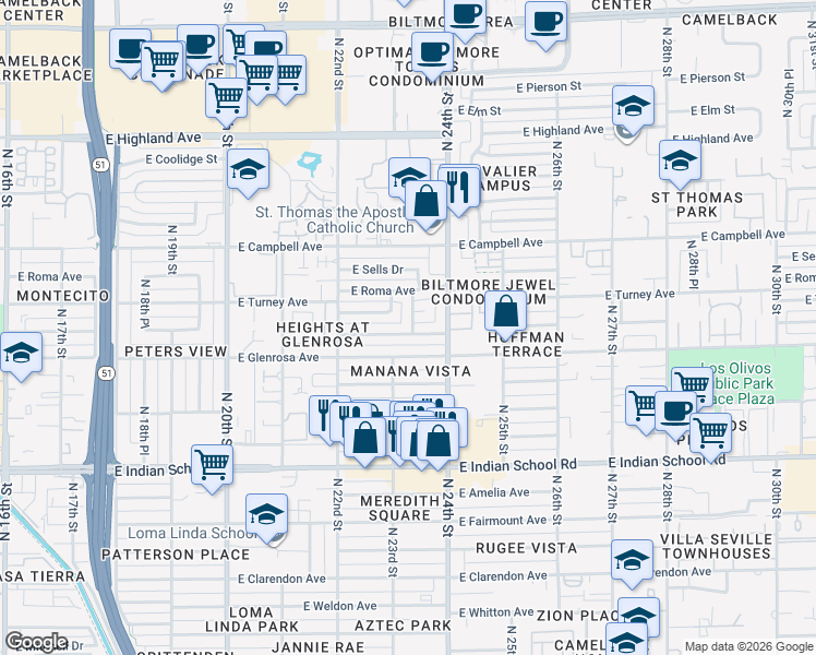 map of restaurants, bars, coffee shops, grocery stores, and more near 2308 East Montecito Avenue in Phoenix