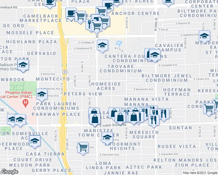 map of restaurants, bars, coffee shops, grocery stores, and more near 4343 North 21st Street in Phoenix