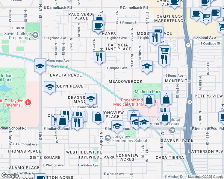 map of restaurants, bars, coffee shops, grocery stores, and more near 4332 North Longview Avenue in Phoenix