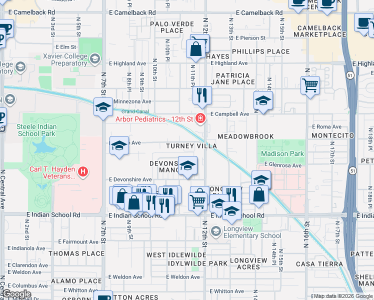 map of restaurants, bars, coffee shops, grocery stores, and more near 1111 East Turney Avenue in Phoenix