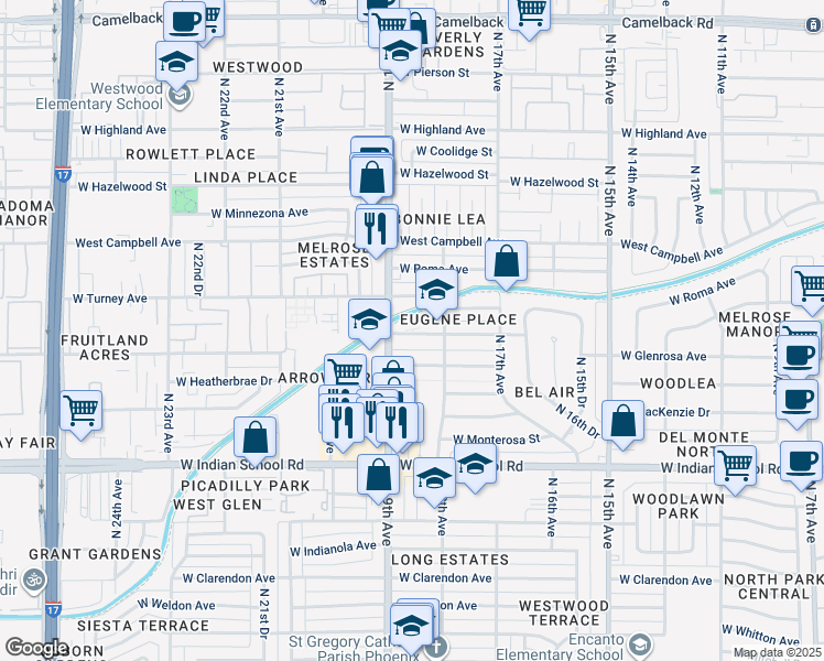 map of restaurants, bars, coffee shops, grocery stores, and more near 1850 West Glenrosa Avenue in Phoenix