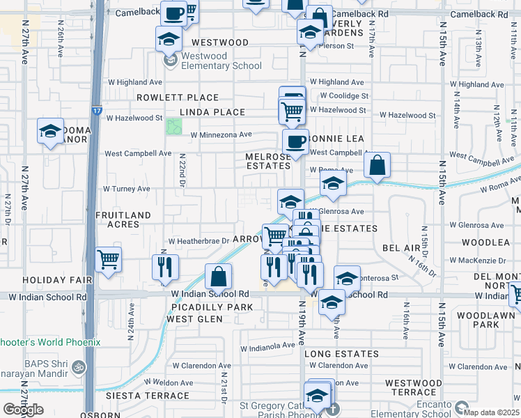 map of restaurants, bars, coffee shops, grocery stores, and more near 4324 North 20th Avenue in Phoenix