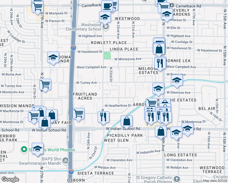 map of restaurants, bars, coffee shops, grocery stores, and more near 2226 West Glenrosa Avenue in Phoenix