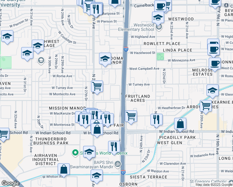 map of restaurants, bars, coffee shops, grocery stores, and more near 2524 West Glenrosa Avenue in Phoenix
