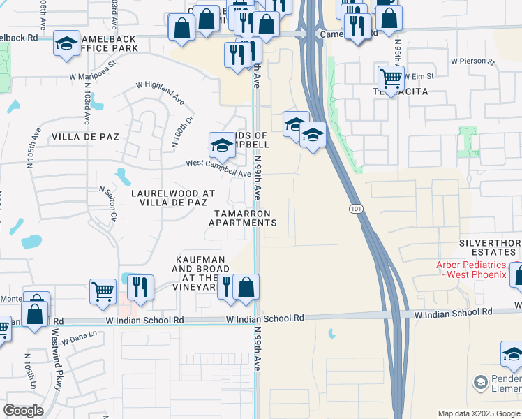 map of restaurants, bars, coffee shops, grocery stores, and more near 4344 West Indian School Road in Phoenix
