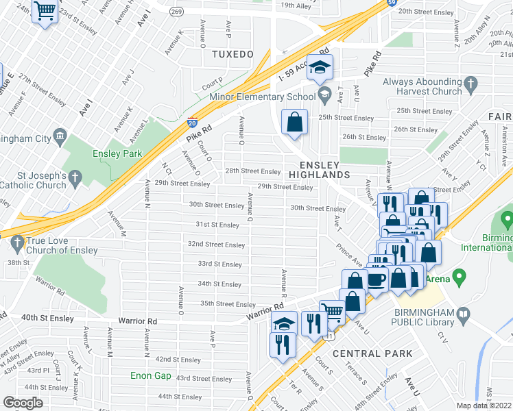 map of restaurants, bars, coffee shops, grocery stores, and more near 1644 30th Street Ensley in Birmingham