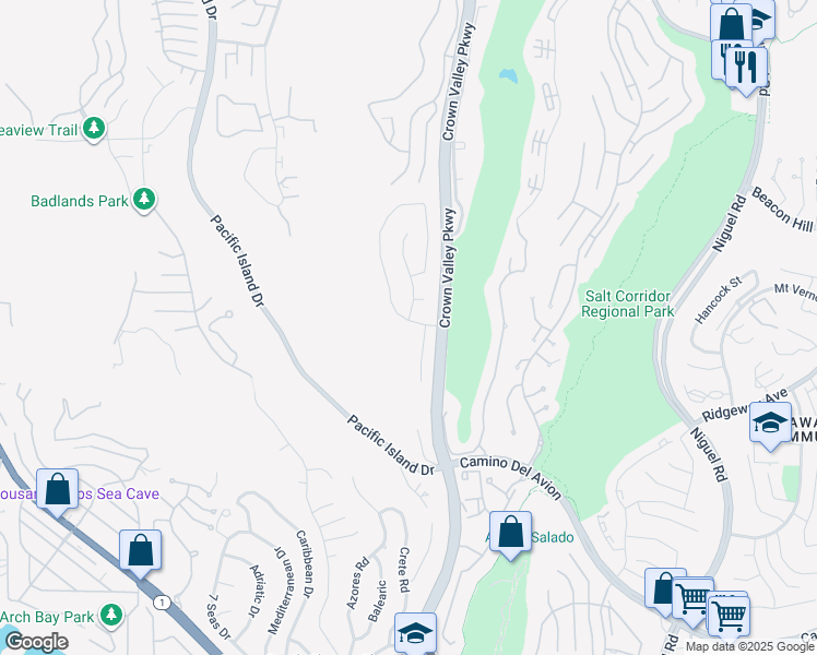 map of restaurants, bars, coffee shops, grocery stores, and more near 31891 National Park Drive in Laguna Niguel