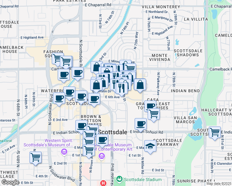 map of restaurants, bars, coffee shops, grocery stores, and more near 4333 North Civic Center Plaza in Scottsdale