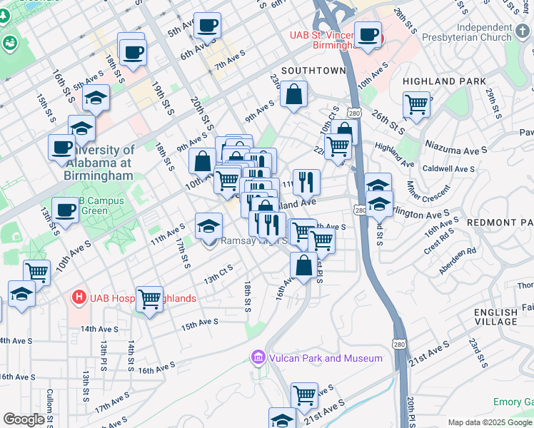 map of restaurants, bars, coffee shops, grocery stores, and more near 2035 Highland Avenue in Birmingham