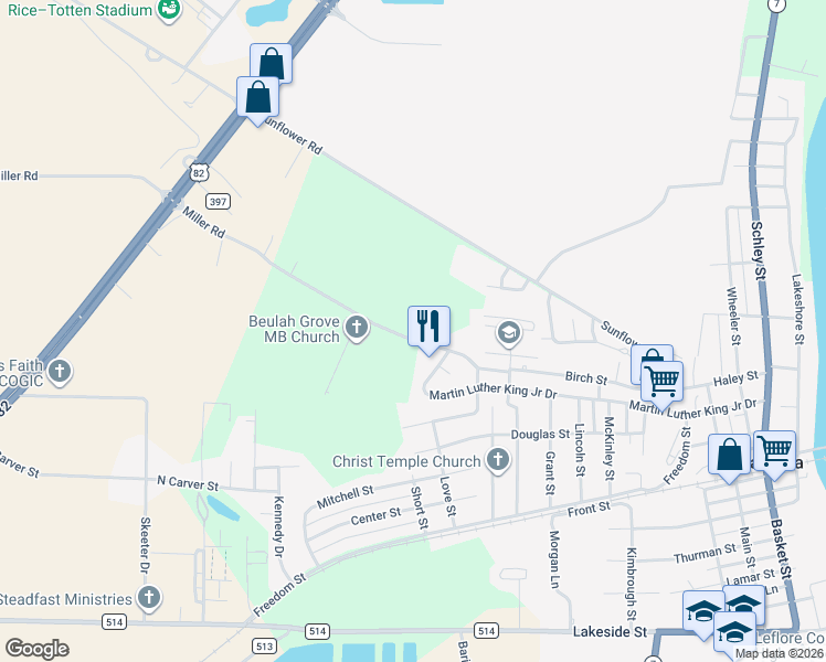 map of restaurants, bars, coffee shops, grocery stores, and more near 3305 Miller Road in Itta Bena
