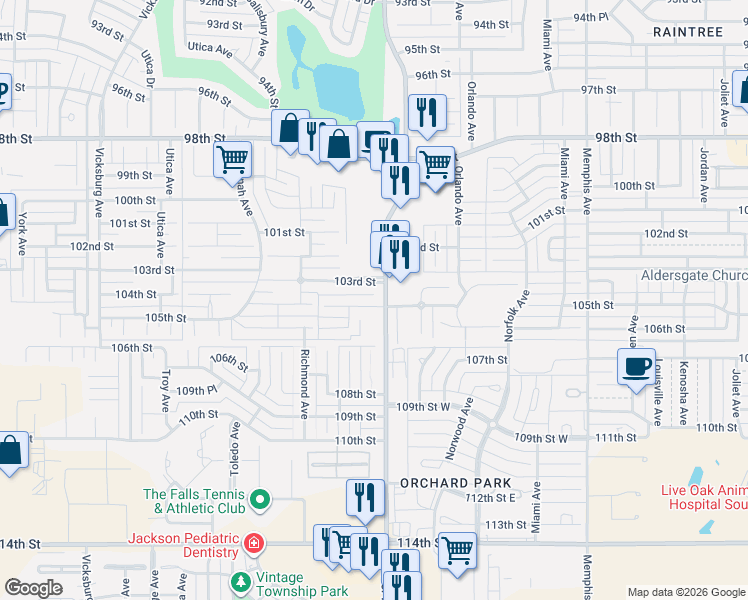 map of restaurants, bars, coffee shops, grocery stores, and more near 4404 105th Street in Lubbock