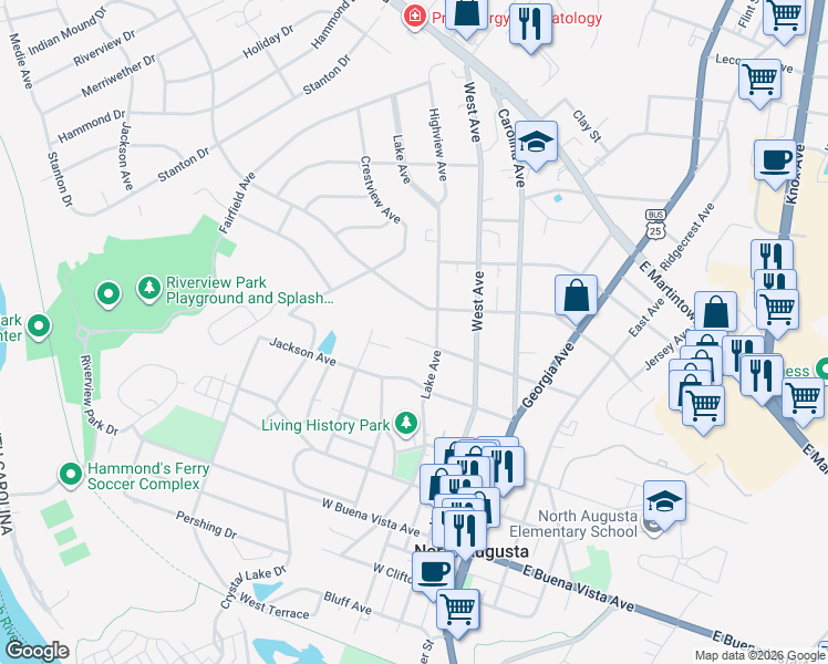 map of restaurants, bars, coffee shops, grocery stores, and more near 409 West Forest Avenue in North Augusta