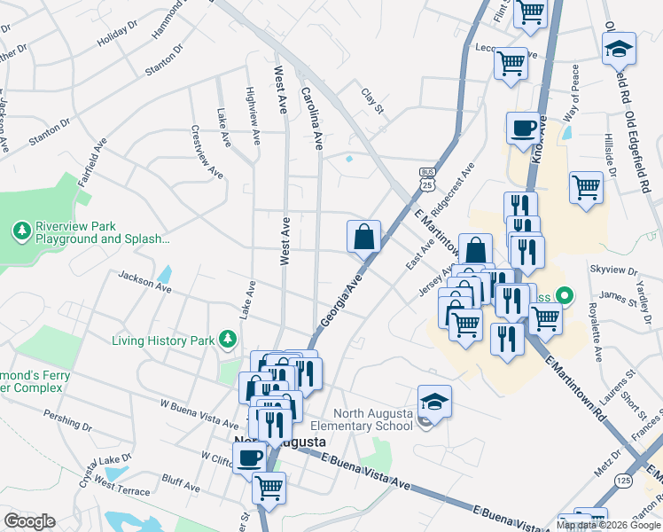 map of restaurants, bars, coffee shops, grocery stores, and more near 823 Carolina Avenue in North Augusta