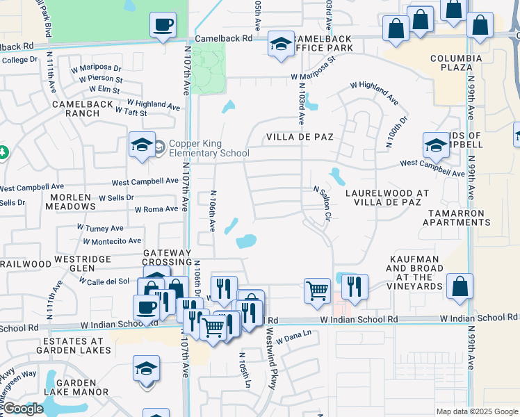 map of restaurants, bars, coffee shops, grocery stores, and more near 10423 West Calle De Plata in Phoenix
