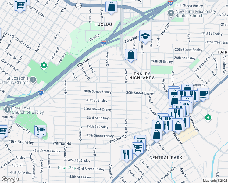 map of restaurants, bars, coffee shops, grocery stores, and more near 1644 30th Street Ensley in Birmingham